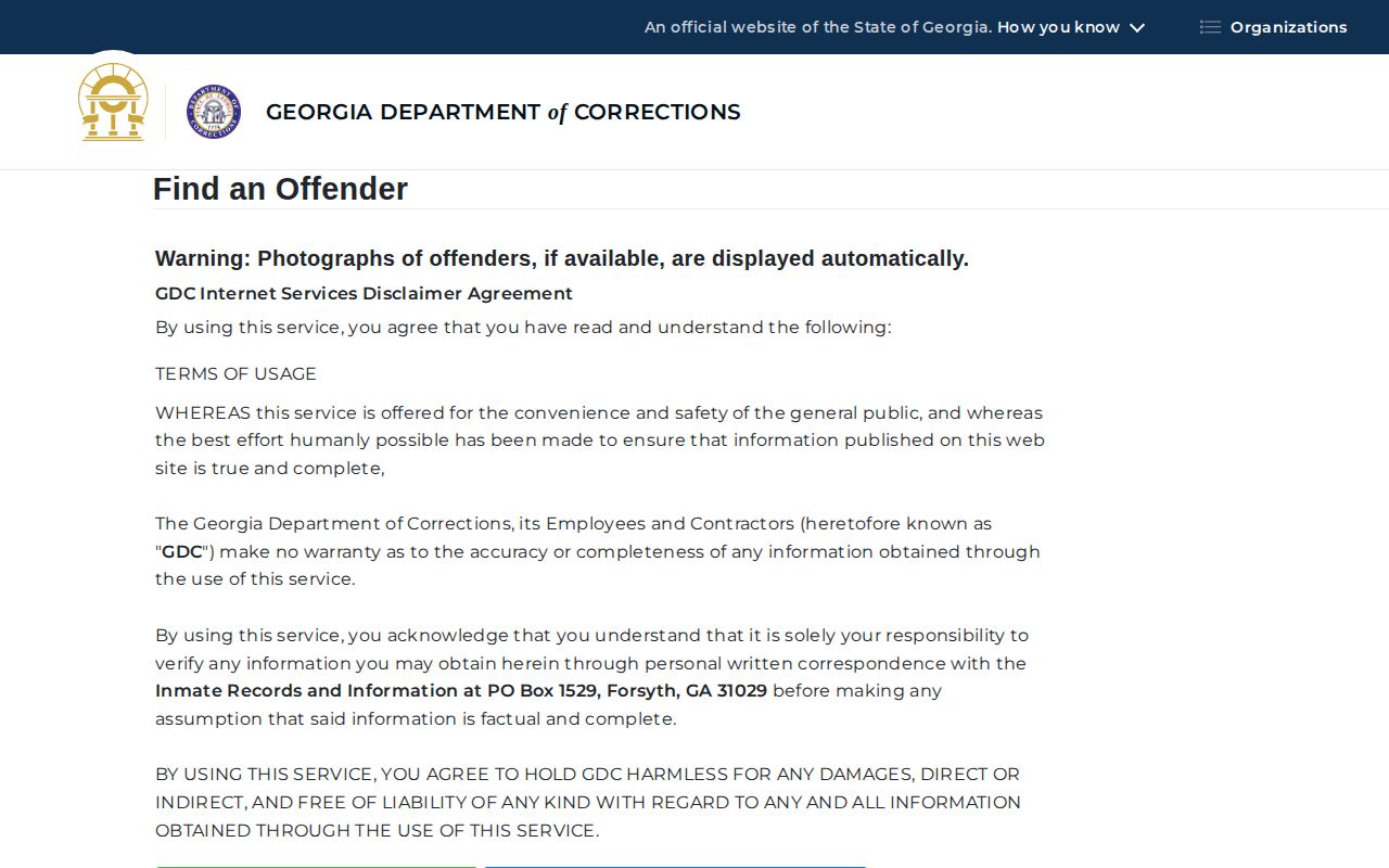 Rockdale County state-prison offender search and photo form at GDC