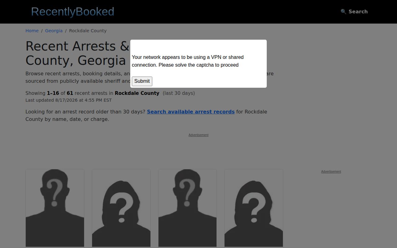 Unofficial Rockdale County booking records page on RecentlyBooked