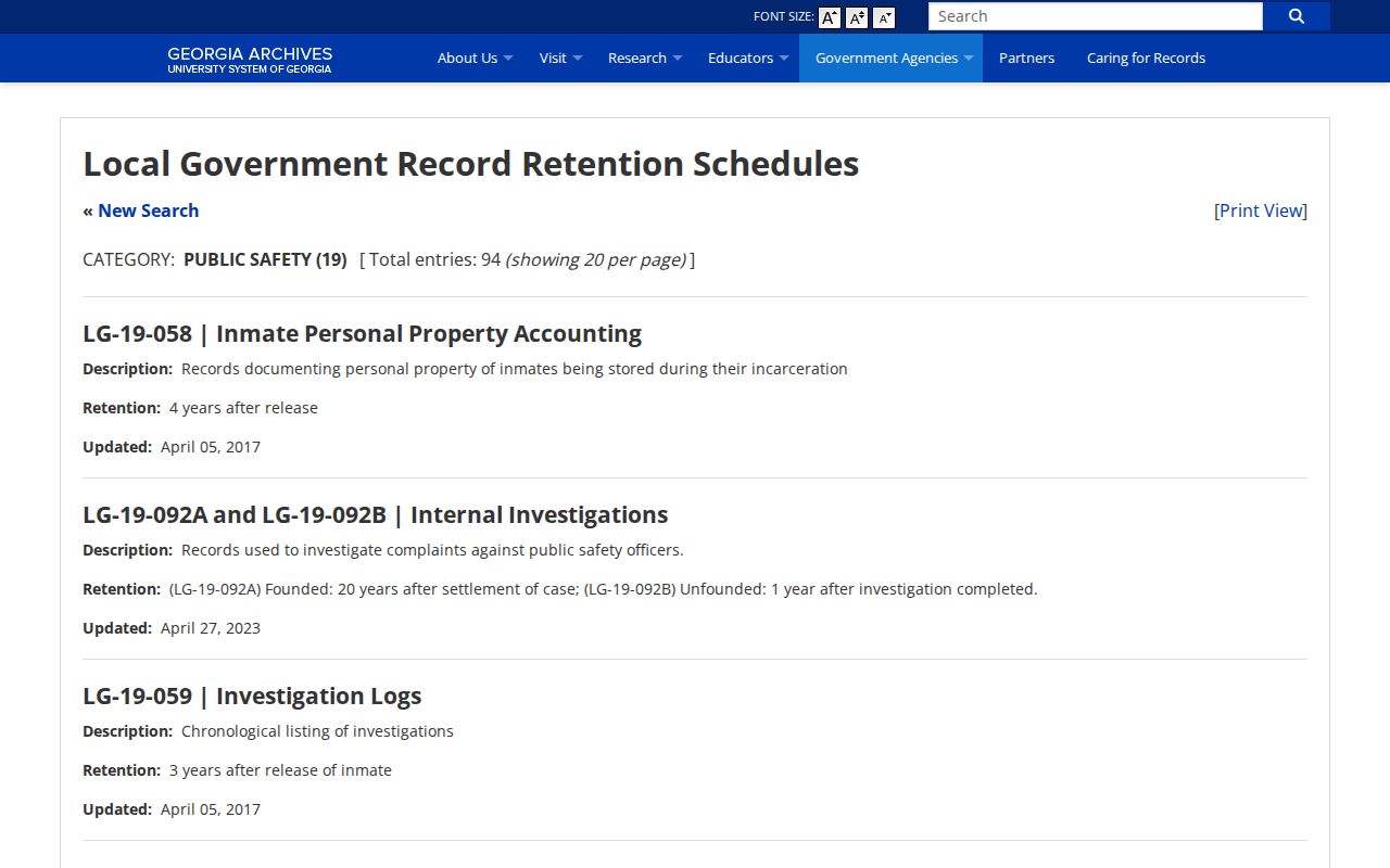 Rockdale County jail booking records retention schedule at Georgia Archives